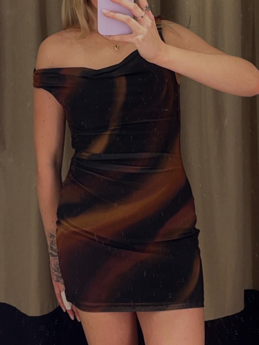 Dynamite One-Shoulder Bodycon Dress in Black and Brown Swirl